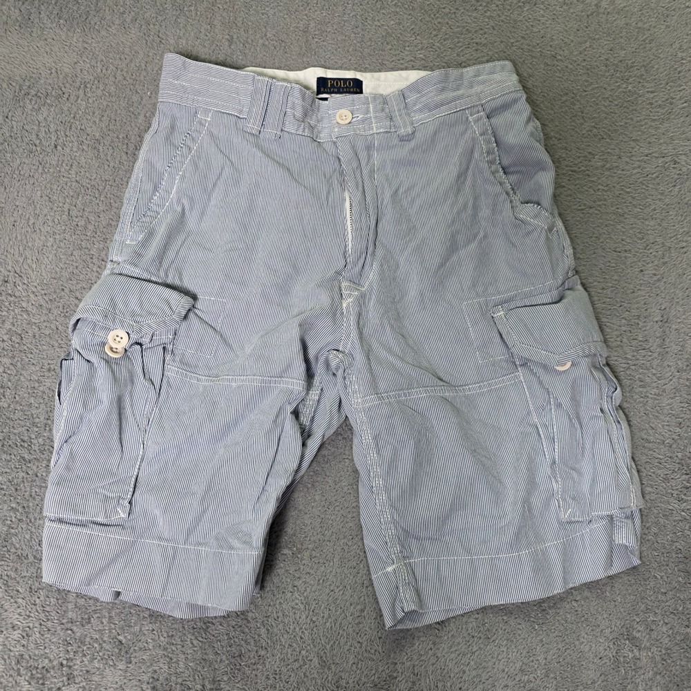 Polo Ralph Lauren Mens 30 Cargo Shorts Blue White Pinstripe Seersucker Cotton